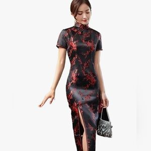 Plum Blossom Cheongsam Elegant Red And Black Chinese Dress Size L